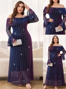 Reflora Plus Size Elegant Romantic Rhinestone Long Sleeve Off-Shoulder Dress Christmas - Purple - View 8