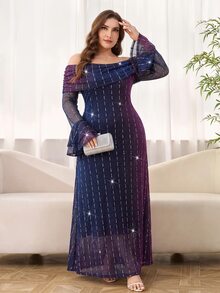Reflora Plus Size Elegant Romantic Rhinestone Long Sleeve Off-Shoulder Dress Christmas - Purple - View 9