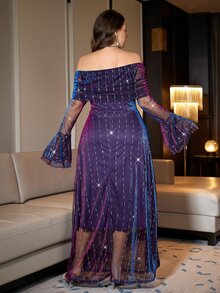 Reflora Plus Size Elegant Romantic Rhinestone Long Sleeve Off-Shoulder Dress Christmas - Purple - View 3