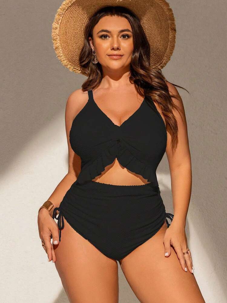 Swim Chiccia 1pc Plus Size Women's One-Piece Swimsuit,Black,Summer,Elegant,Formal,Beach,Evening,Holiday,Deep V-Neck,Adjustable Straps,Flounce Hem,Drawstring Waist - Black - View 5