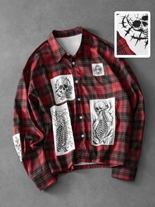 ROMWE MEN Prep Kemeja Lengan Panjang Motif Kotak-kotak Kasual Modis dengan Bordir dan Gambar Tengkorak Gaya Gotik - MultiWarna - View 1