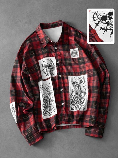 ROMWE MEN Prep Fashion Casual Plaid Patchwork Embroidered Print Gothic Skull Long Sleeve Shirt
