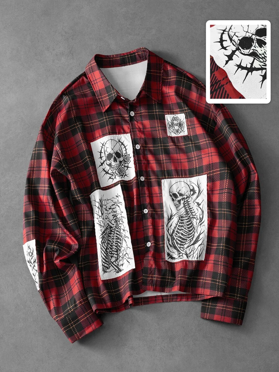 ROMWE MEN Prep Kemeja Lengan Panjang Motif Kotak-kotak Kasual Modis dengan Bordir dan Gambar Tengkorak Gaya Gotik - MultiWarna - View 1