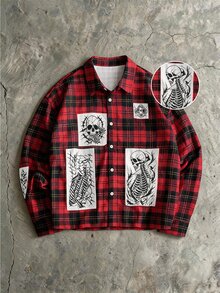 ROMWE MEN Prep Kemeja Lengan Panjang Motif Kotak-kotak Kasual Modis dengan Bordir dan Gambar Tengkorak Gaya Gotik - MultiWarna - View 2