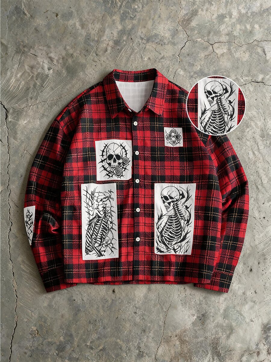 ROMWE MEN Prep Fashion Casual Plaid Patchwork Embroidered Print Gothic Skull Long Sleeve Shirt - Multicolor - View 1