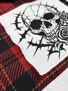 ROMWE MEN Prep Kemeja Lengan Panjang Motif Kotak-kotak Kasual Modis dengan Bordir dan Gambar Tengkorak Gaya Gotik - MultiWarna - View 6
