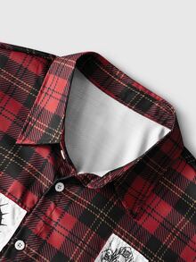 ROMWE MEN Prep Kemeja Lengan Panjang Motif Kotak-kotak Kasual Modis dengan Bordir dan Gambar Tengkorak Gaya Gotik - MultiWarna - View 4