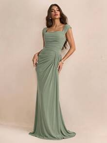 SHEIN Tall فستان أنيق وعصري أخضر بتصميم مجعد وذيل حورية البحر للنساء الطويلات. - أخضر - مشاهدة 4