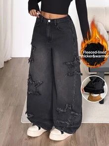 Coolane Women Winter Y2K Grunge Black High Waist Wide Leg Ripped Frayed Denim Jeans Vintage Distressed Casual Loose Baggy Long Pants Fleece-Lined Going Out - Black - View 2