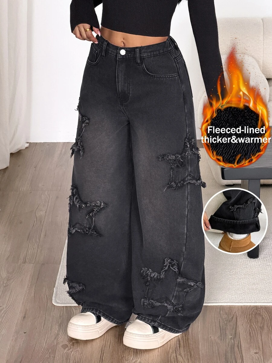 Coolane Women Winter Y2K Grunge Black High Waist Wide Leg Ripped Frayed Denim Jeans Vintage Distressed Casual Loose Baggy Long Pants Fleece-Lined Going Out