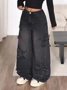 Coolane Women Winter Y2K Grunge Black High Waist Wide Leg Ripped Frayed Denim Jeans Vintage Distressed Casual Loose Baggy Long Pants Fleece-Lined Going Out - Black - View 9