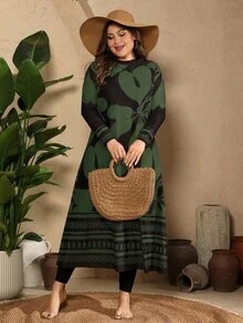 SHEIN Swim Plus Size Women 3pcs/Set Random Print Modest 1960s 1920s Rash Guard Long Sleeve Tankini Swimwear Beach Party Kelly Green Summer Black - Army Green - View 7