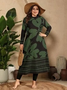 SHEIN Swim Plus Size Women 3pcs/Set Random Print Modest 1960s 1920s Rash Guard Long Sleeve Tankini Swimwear Beach Party Kelly Green Summer Black - Army Green - View 8