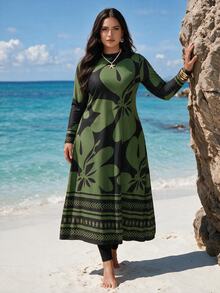SHEIN Swim Plus Size Women 3pcs/Set Random Print Modest 1960s 1920s Rash Guard Long Sleeve Tankini Swimwear Beach Party Kelly Green Summer Black - Army Green - View 1