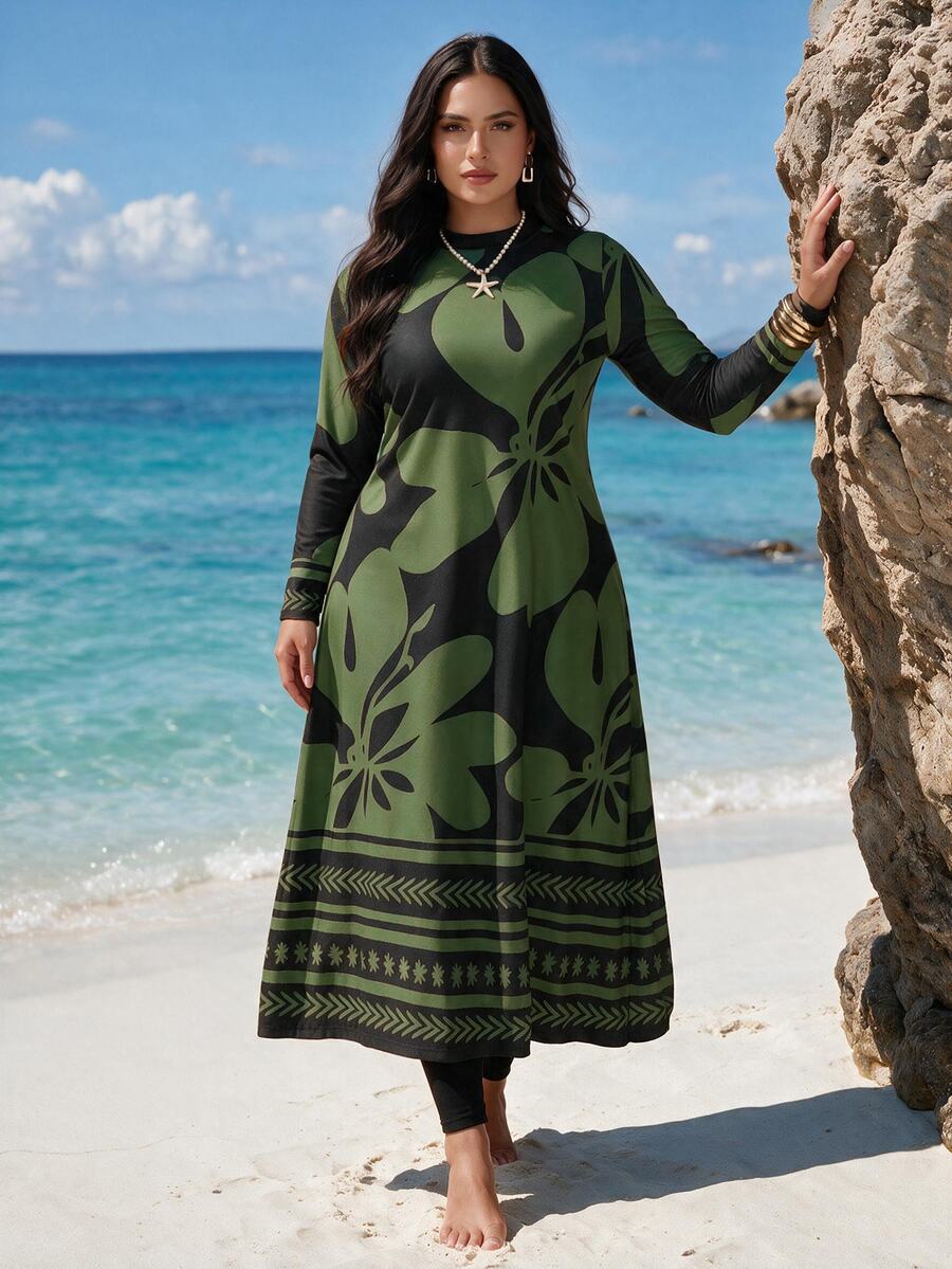 SHEIN Swim Plus Size Women 3pcs/Set Random Print Modest 1960s 1920s Rash Guard Long Sleeve Tankini Swimwear Beach Party Kelly Green Summer Black - Army Green - View 1