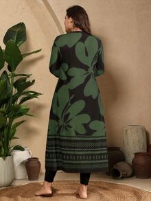 SHEIN Swim Plus Size Women 3pcs/Set Random Print Modest 1960s 1920s Rash Guard Long Sleeve Tankini Swimwear Beach Party Kelly Green Summer Black - Army Green - View 4