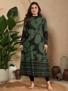SHEIN Swim Plus Size Women 3pcs/Set Random Print Modest 1960s 1920s Rash Guard Long Sleeve Tankini Swimwear Beach Party Kelly Green Summer Black - Army Green - View 3