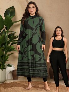 SHEIN Swim Plus Size Women 3pcs/Set Random Print Modest 1960s 1920s Rash Guard Long Sleeve Tankini Swimwear Beach Party Kelly Green Summer Black - Army Green - View 5
