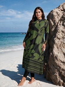SHEIN Swim Plus Size Women 3pcs/Set Random Print Modest 1960s 1920s Rash Guard Long Sleeve Tankini Swimwear Beach Party Kelly Green Summer Black - Army Green - View 2