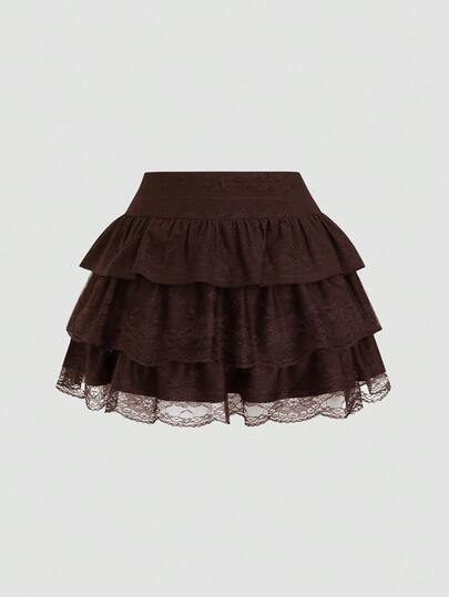 Sweetra Black Jacquard Textured Fabric Contrast Lace Slim Y2K Multi-Layer A-Line Peplum Skirt