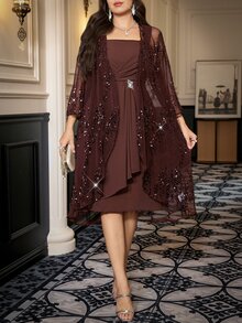Reflora Plus Size Women Solid Color Dress And Sequin 3/4 Sleeve Cover-Up 2 Pieces Set Fall - Brown - View 4