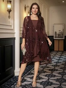 Reflora Plus Size Women Solid Color Dress And Sequin 3/4 Sleeve Cover-Up 2 Pieces Set Fall - Brown - View 5