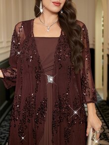 Reflora Plus Size Women Solid Color Dress And Sequin 3/4 Sleeve Cover-Up 2 Pieces Set Fall - Brown - View 7