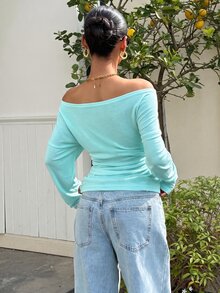 Muchica Water Duck Blue Knitted Off-Shoulder Women's T-Shirt - Teal Blue - View 2