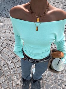 Muchica Water Duck Blue Knitted Off-Shoulder Women's T-Shirt - Teal Blue - View 5