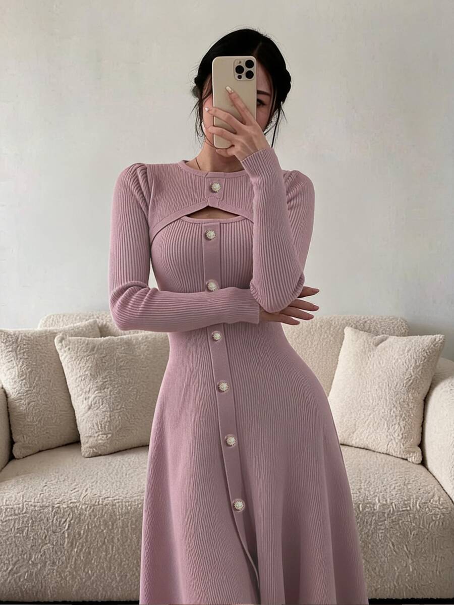 Feyla Women's Solid Color Button Design Cutout Long Sleeve Fitted Elegant Knit Dress - Dusty Pink - View 1