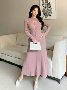 Feyla Women's Solid Color Button Design Cutout Long Sleeve Fitted Elegant Knit Dress - Dusty Pink - View 6