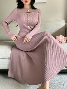 Feyla Women's Solid Color Button Design Cutout Long Sleeve Fitted Elegant Knit Dress - Dusty Pink - View 3