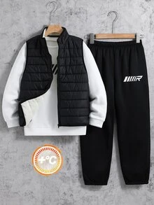 SHEIN 3件組兒童青少年男孩休閒運動字母印花圓領套頭寬鬆抓絨衛衣長褲套裝，附厚款無袖梭織背心，適合通勤、上學、日常休閒外出、運動，秋冬穿著，絎縫外套，填充外套 - 黑色 - 查看 2