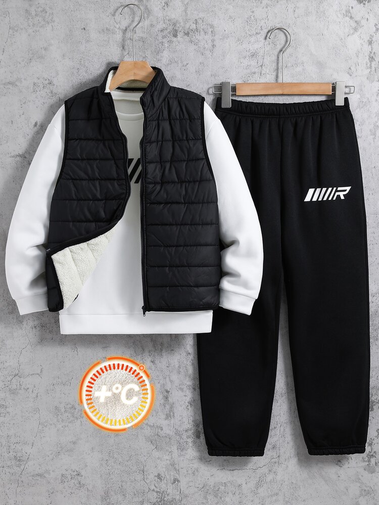 SHEIN 3pcs Kids Tween Boy Casual Sports Letter Print Pattern Crew Neck Pullover Loose Fleece Sweatshirt Long Pants With Thick Sleeveless Woven Vest Set, Suitable For Commuting, School, Daily Casual Outings, Sports, Autumn/Winter, Quilted Coat, Padded Coat - Black - View 2