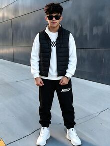SHEIN 3件組兒童青少年男孩休閒運動字母印花圓領套頭寬鬆抓絨衛衣長褲套裝，附厚款無袖梭織背心，適合通勤、上學、日常休閒外出、運動，秋冬穿著，絎縫外套，填充外套 - 黑色 - 查看 5