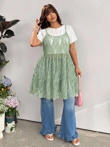GalTyme 大尺碼女款蕾絲透視細肩帶洋裝，適合夏秋度假、婚禮派對、生日正式場合，鼠尾草綠哥德仙女風，休閒優雅 - 橄欖綠 - 查看 3