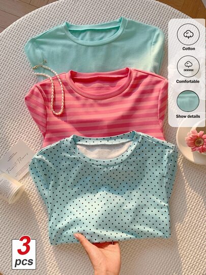 Comfortcana Women's Solid/Polka-Dot/Striped Print Crew-Neck Casual T-Shirt (3-Pack)