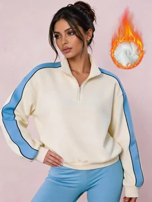 Sovereign Charm Women's 1/4 Zip Colorblock Fashion Versatile Sports Sweatshirt - Apricot - View 1