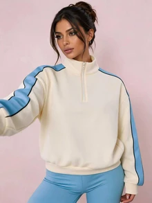 Sovereign Charm Women's 1/4 Zip Colorblock Fashion Versatile Sports Sweatshirt - Apricot - View 4