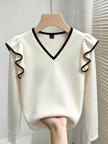 SHEIN Franclia Women's Elegant Frenchy Black And White V Neck Long Sleeve Ribbed Top Contrast Trim Ruffle Shoulder Fitted Casual Tee Fall Winter Brunch - Apricot - View 9