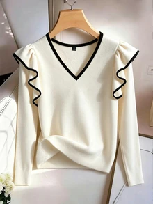 SHEIN Franclia Women's Elegant Frenchy Black And White V Neck Long Sleeve Ribbed Top Contrast Trim Ruffle Shoulder Fitted Casual Tee Fall Winter Brunch - Apricot - View 7