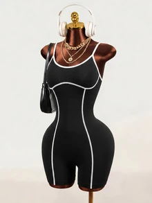 Mistrie Women's Seamless Sports Yoga Tank Top & Shorts Jumpsuit/Color Block Design/Fashionable & Sexy/Comfortable/Versatile - Black - View 6