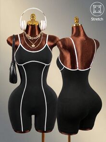Mistrie Women's Seamless Sports Yoga Tank Top & Shorts Jumpsuit/Color Block Design/Fashionable & Sexy/Comfortable/Versatile - Black - View 1