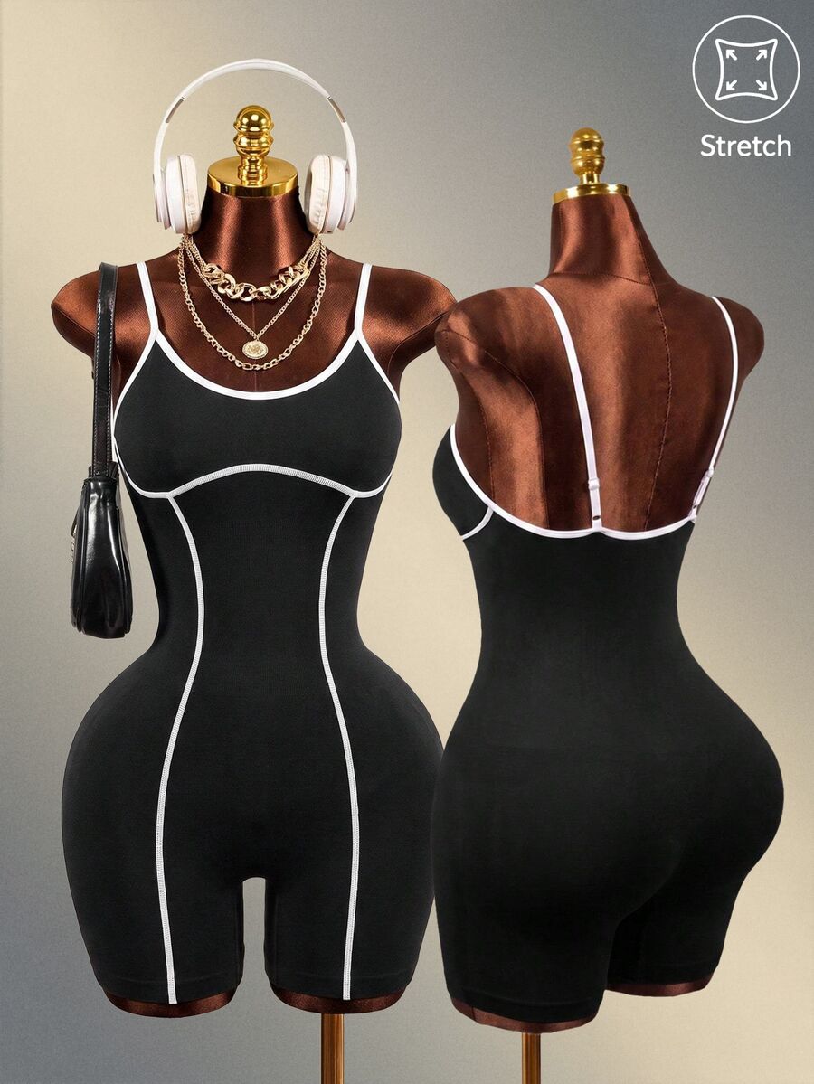 Mistrie Women's Seamless Sports Yoga Tank Top & Shorts Jumpsuit/Color Block Design/Fashionable & Sexy/Comfortable/Versatile - Black - View 1