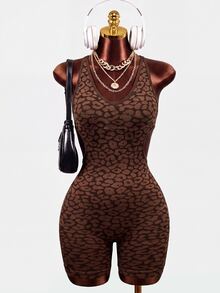 Mistrie 1pc Seamless High Elastic Leopard Print Hollow Cross-Back Sports Jumpsuit For Women, Suitable For Yoga, Fitness, Daily Wear - Black - View 13