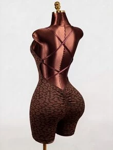Mistrie 1pc Seamless High Elastic Leopard Print Hollow Cross-Back Sports Jumpsuit For Women, Suitable For Yoga, Fitness, Daily Wear - Black - View 15