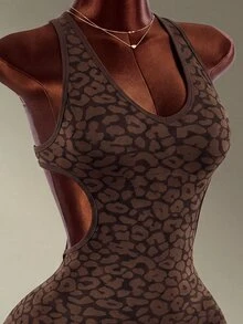 Mistrie 1pc Seamless High Elastic Leopard Print Hollow Cross-Back Sports Jumpsuit For Women, Suitable For Yoga, Fitness, Daily Wear - Black - View 5