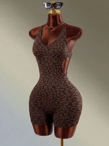 Mistrie 1pc Seamless High Elastic Leopard Print Hollow Cross-Back Sports Jumpsuit For Women, Suitable For Yoga, Fitness, Daily Wear - Black - View 9