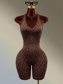 Mistrie 1pc Seamless High Elastic Leopard Print Hollow Cross-Back Sports Jumpsuit For Women, Suitable For Yoga, Fitness, Daily Wear - Black - View 10