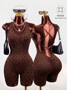 Mistrie 1pc Seamless High Elastic Leopard Print Hollow Cross-Back Sports Jumpsuit For Women, Suitable For Yoga, Fitness, Daily Wear - Black - View 11